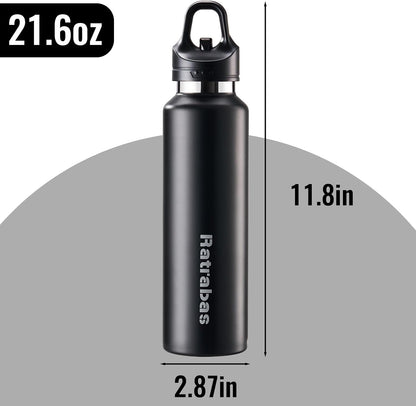 Insulated Water Bottle for Men, 21.6 oz Leak-Proof Tumbler, Black | One-touch lid opens one-handed; stainless steel travel water bottle for women fits cup holders during workouts and cycling
