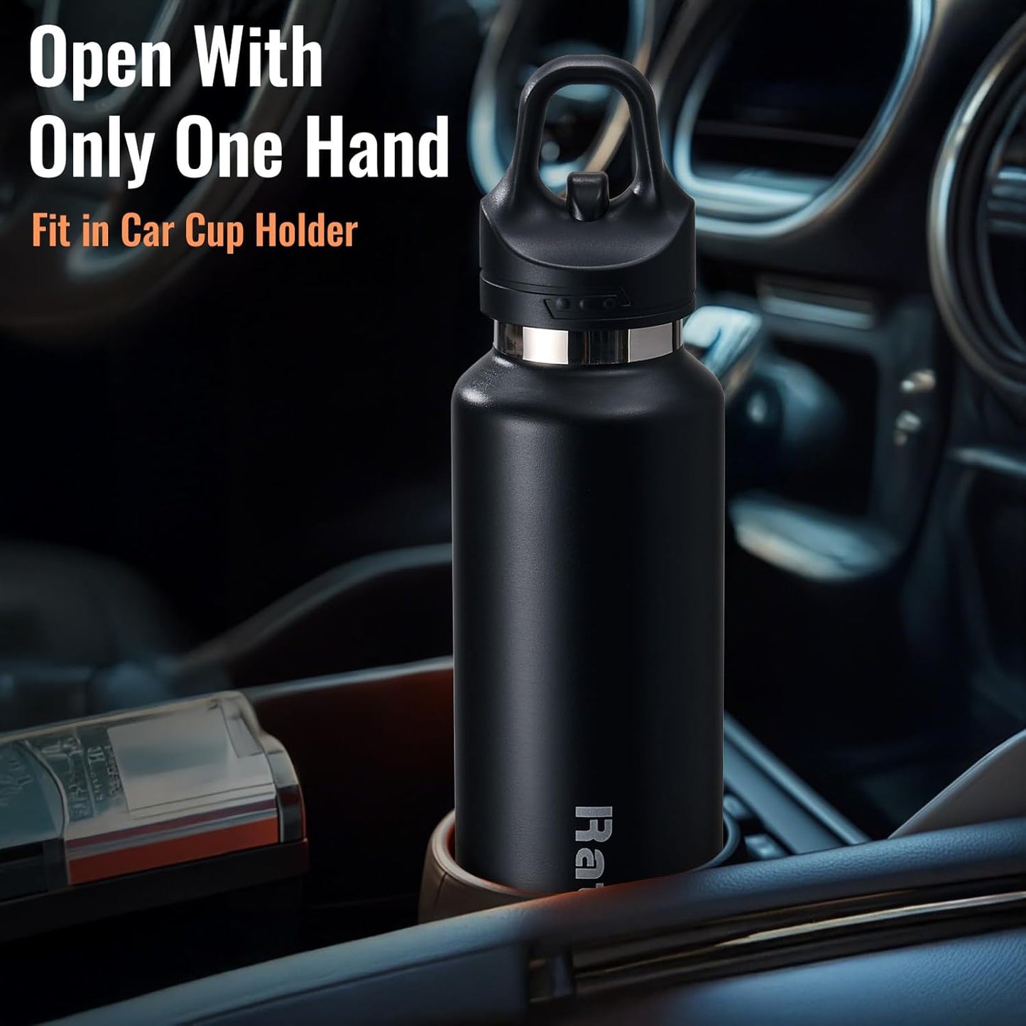 Insulated Water Bottle for Men, 21.6 oz Leak-Proof Tumbler, Black | One-touch lid opens one-handed; stainless steel travel water bottle for women fits cup holders during workouts and cycling