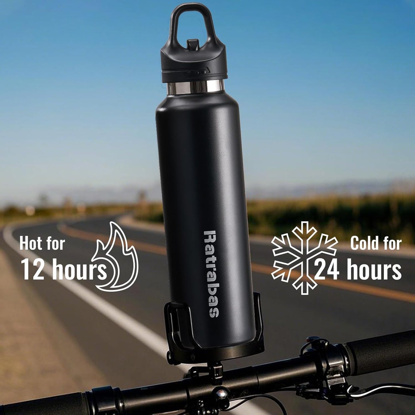 Insulated Water Bottle for Men, 21.6 oz Leak-Proof Tumbler, Black | One-touch lid opens one-handed; stainless steel travel water bottle for women fits cup holders during workouts and cycling