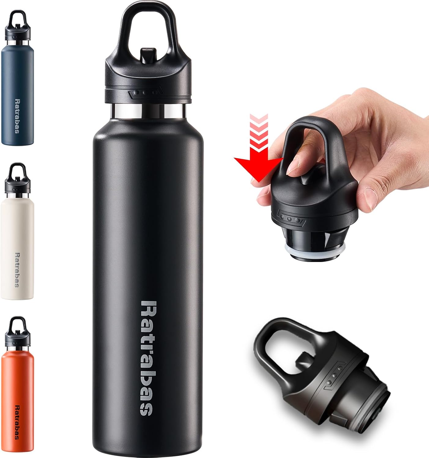 Insulated Water Bottle for Men, 21.6 oz Leak-Proof Tumbler, Black | One-touch lid opens one-handed; stainless steel travel water bottle for women fits cup holders during workouts and cycling