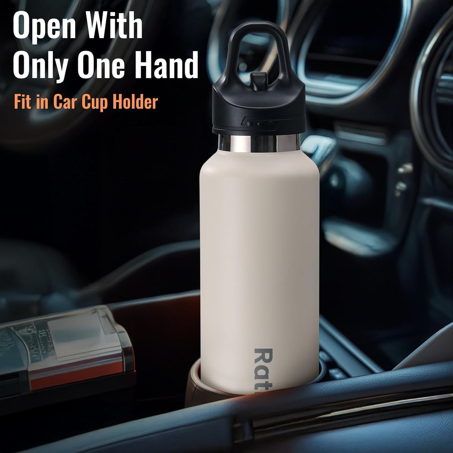 Insulated Water Bottle for Men, 21.6 oz Leak-Proof Tumbler, Black | One-touch lid opens one-handed; stainless steel travel water bottle for women fits cup holders during workouts and cycling