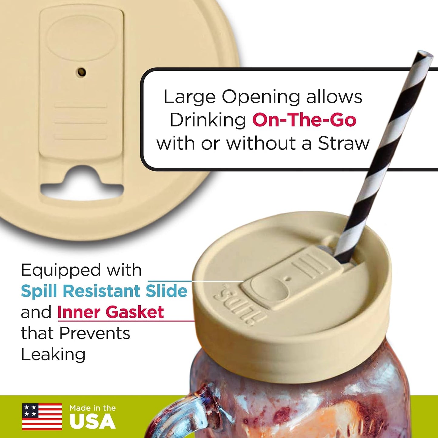 Mason Jar Drink Lid, Regular Mouth, Coral, 2 Pack, BPA-Free USA Made | Fits 2 3/4 in Ball & Kerr openings; spill-resistant for coffee, cold brew & iced tea; reusable, dishwasher-safe
