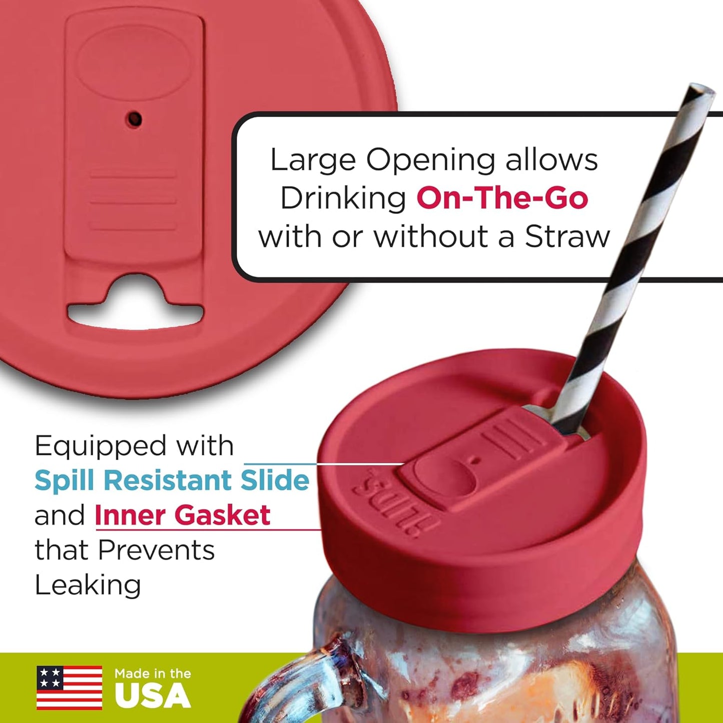 Mason Jar Drink Lid, Regular Mouth, Coral, 2 Pack, BPA-Free USA Made | Fits 2 3/4 in Ball & Kerr openings; spill-resistant for coffee, cold brew & iced tea; reusable, dishwasher-safe