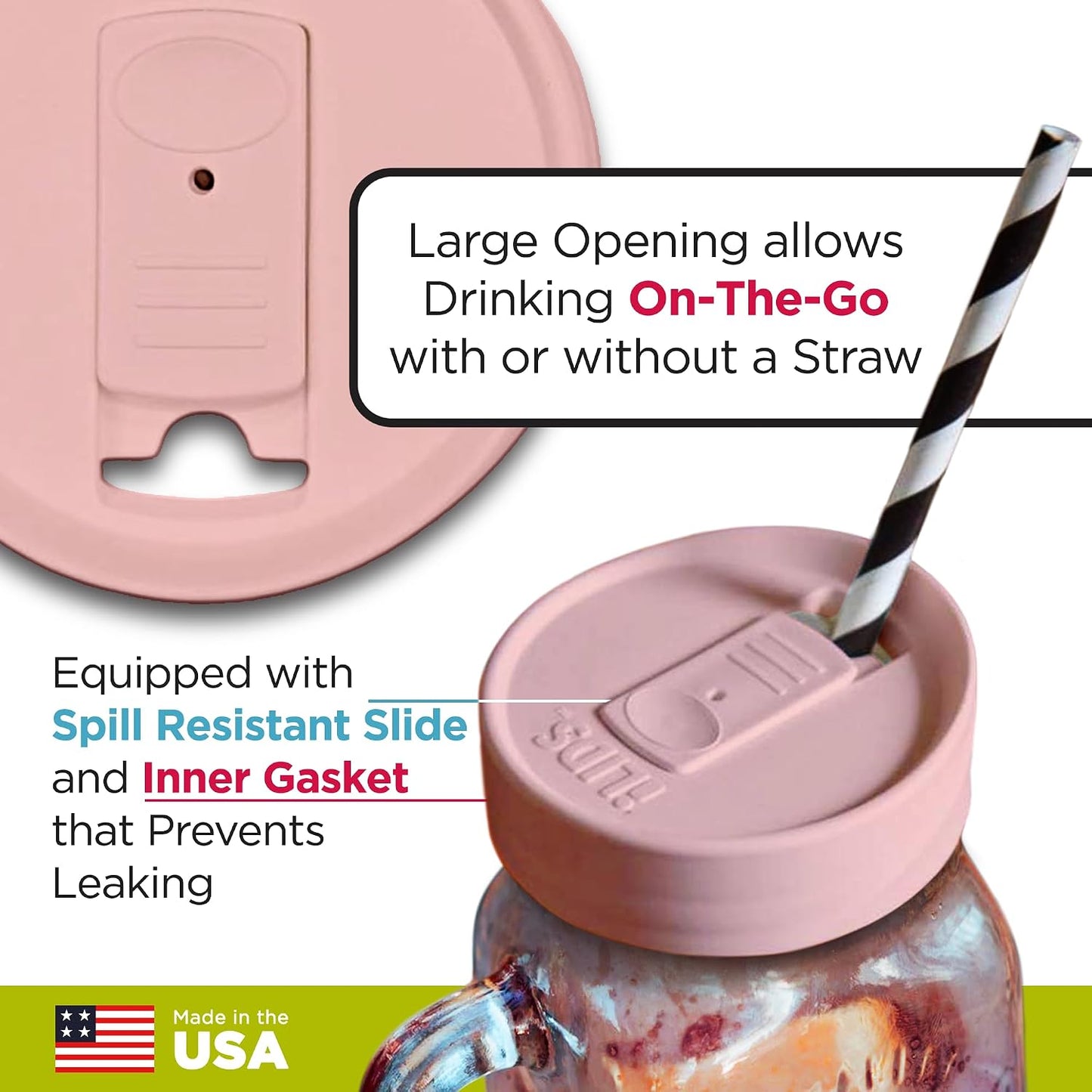 Mason Jar Drink Lid, Regular Mouth, Coral, 2 Pack, BPA-Free USA Made | Fits 2 3/4 in Ball & Kerr openings; spill-resistant for coffee, cold brew & iced tea; reusable, dishwasher-safe