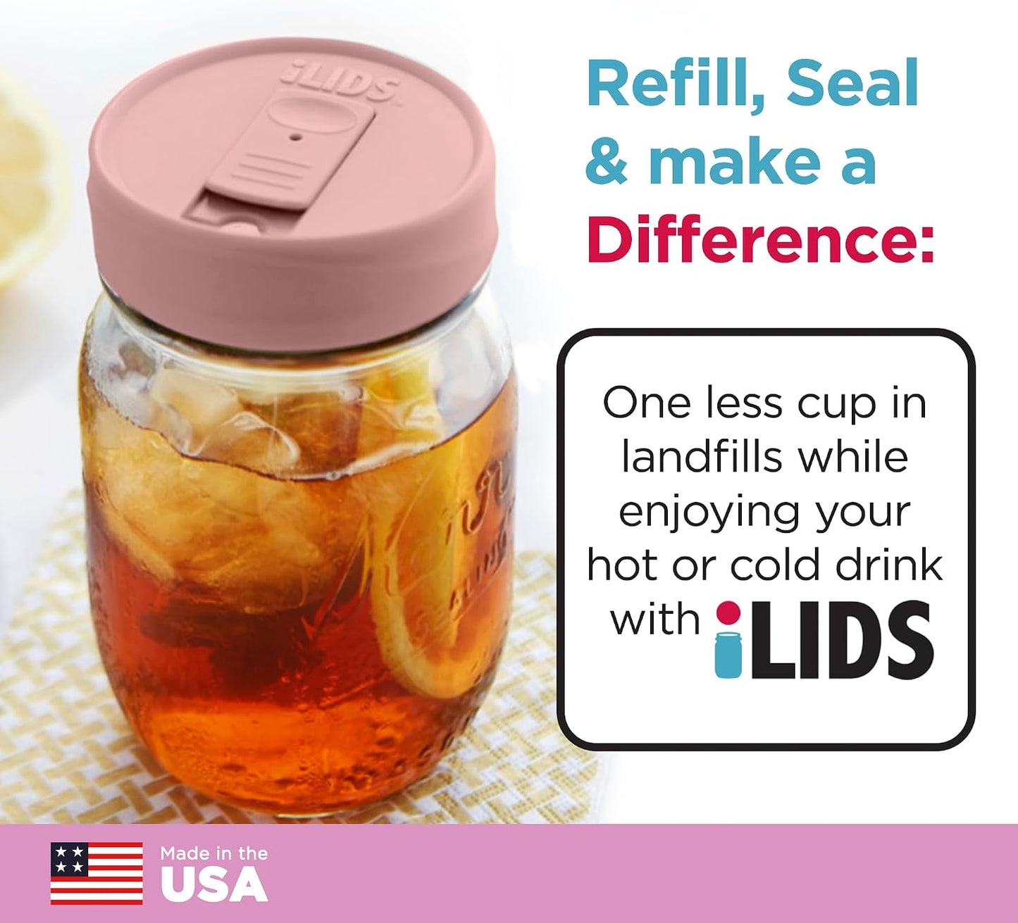 Mason Jar Drink Lid, Regular Mouth, Coral, 2 Pack, BPA-Free USA Made | Fits 2 3/4 in Ball & Kerr openings; spill-resistant for coffee, cold brew & iced tea; reusable, dishwasher-safe