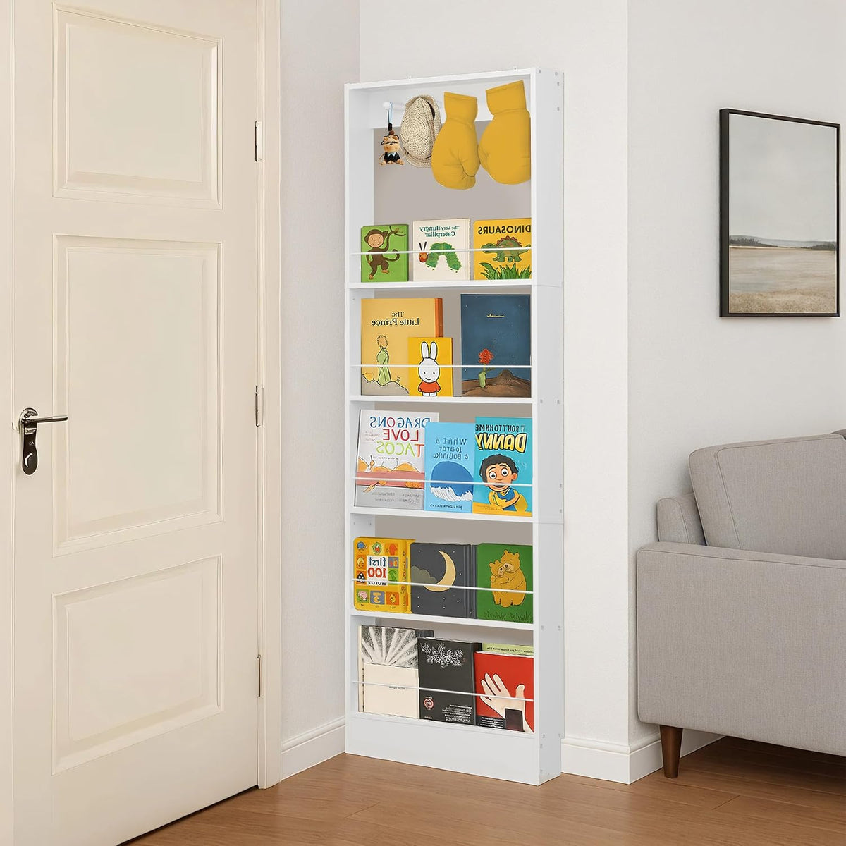 Behind The Door Bookshelf Kids Wooden Behind Door Bookcase 4-Tier White