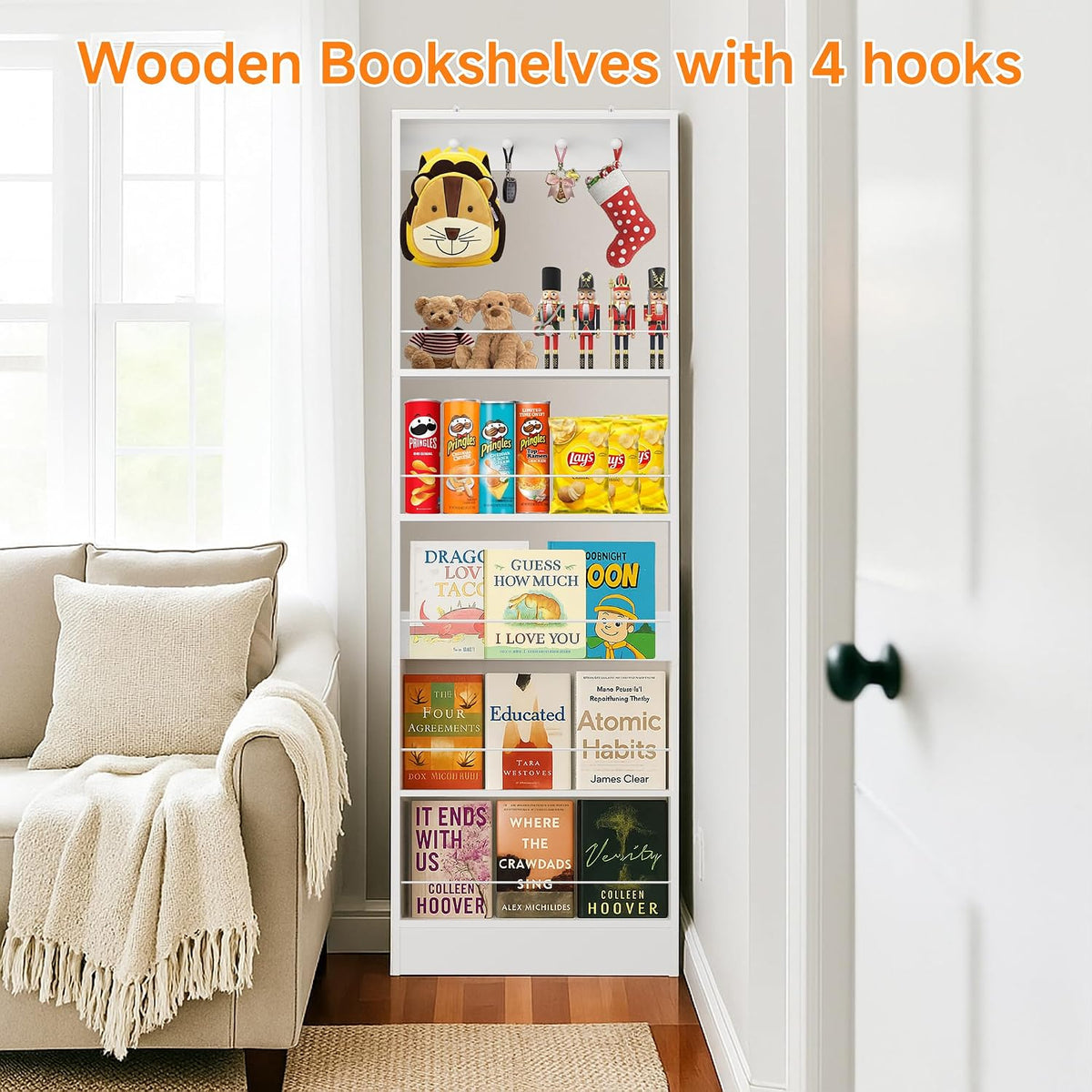 Behind The Door Bookshelf Kids Wooden Behind Door Bookcase 4-Tier White