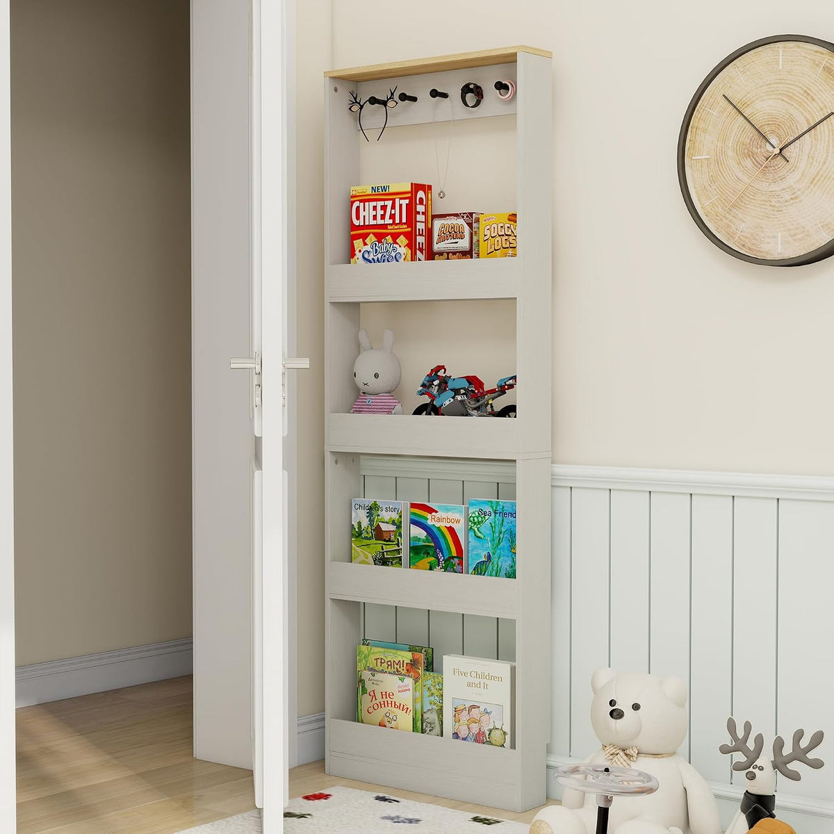 Behind The Door Bookshelf Kids Wooden Behind Door Bookcase 4-Tier White