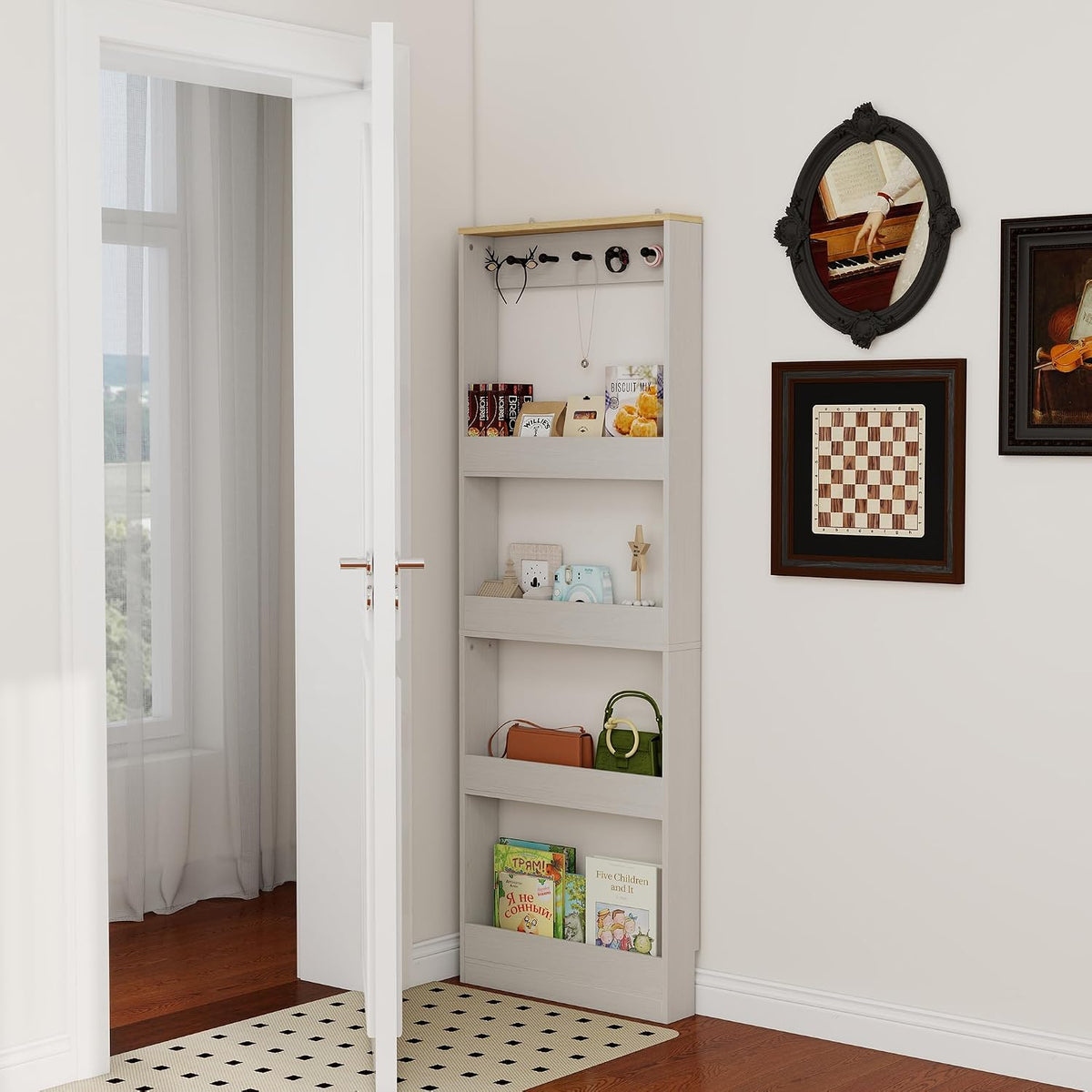 Behind The Door Bookshelf Kids Wooden Behind Door Bookcase 4-Tier White
