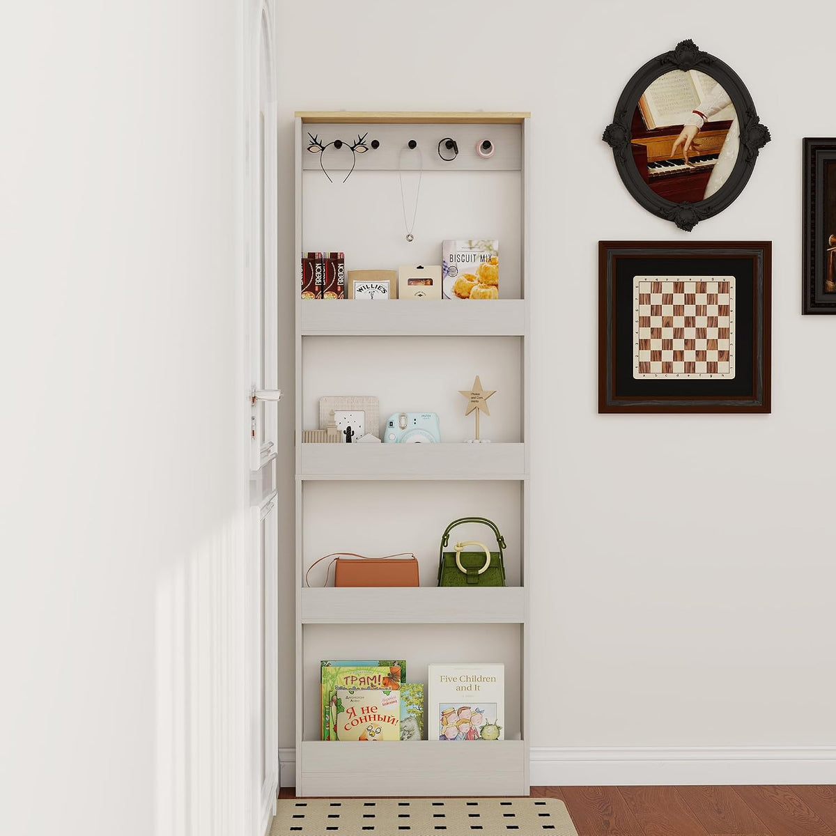 Behind The Door Bookshelf Kids Wooden Behind Door Bookcase 4-Tier White