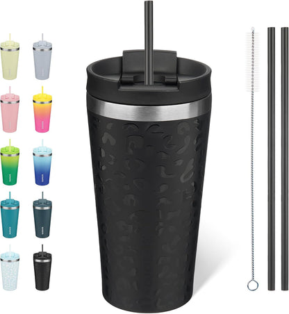 18 oz Coffee Tumbler with Straw, Insulated Stainless Steel Cup | Double Wall Vacuum, Leak Proof, Keeps Hot/Cold, BPA Free, Dishwasher Safe, Cupholder Friendly, Travel, Navy Blue
