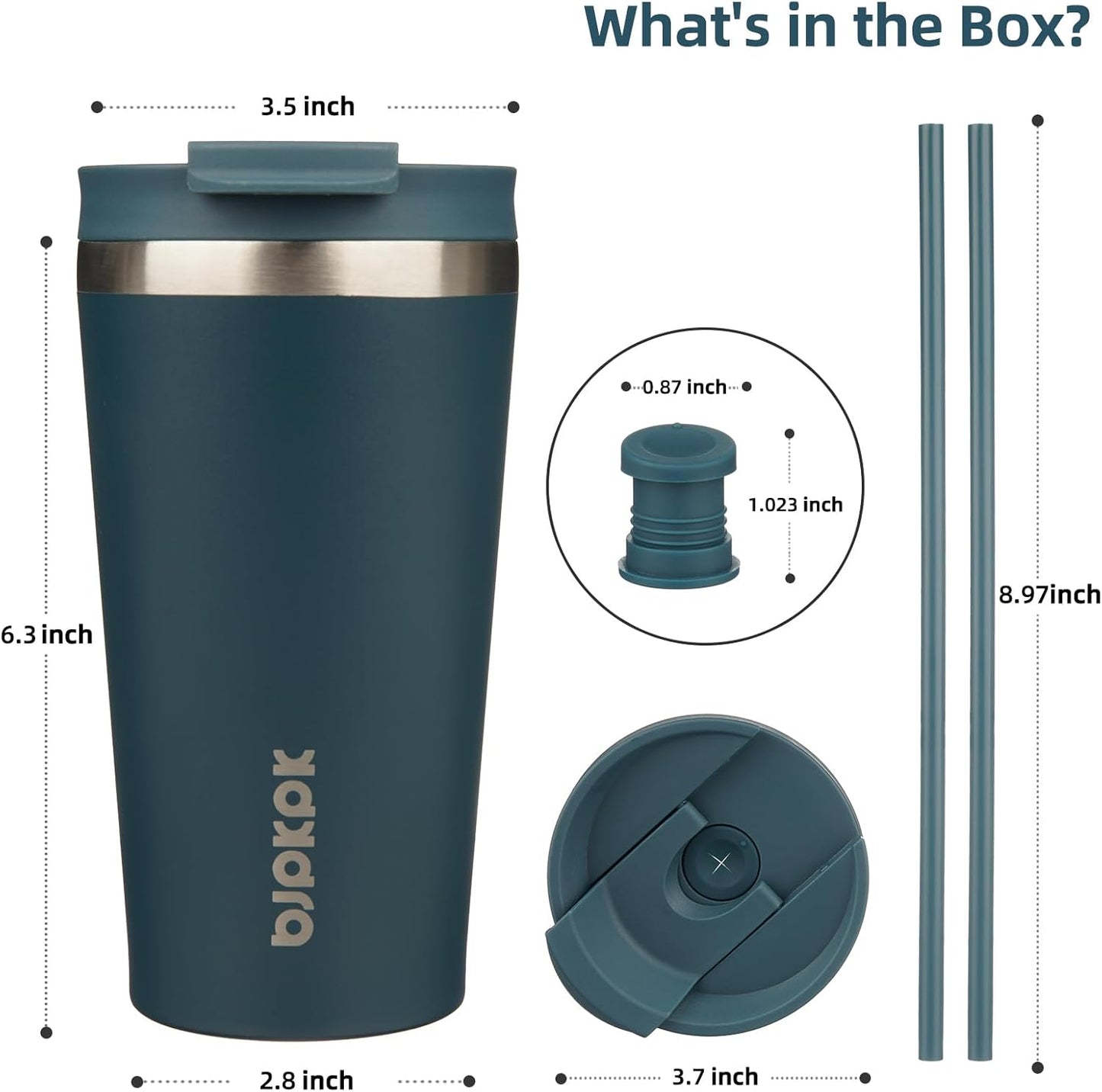 18 oz Coffee Tumbler with Straw, Insulated Stainless Steel Cup | Double Wall Vacuum, Leak Proof, Keeps Hot/Cold, BPA Free, Dishwasher Safe, Cupholder Friendly, Travel, Navy Blue