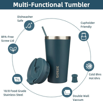 18 oz Coffee Tumbler with Straw, Insulated Stainless Steel Cup | Double Wall Vacuum, Leak Proof, Keeps Hot/Cold, BPA Free, Dishwasher Safe, Cupholder Friendly, Travel, Navy Blue