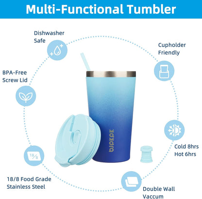 18 oz Coffee Tumbler with Straw, Insulated Stainless Steel Cup | Double Wall Vacuum, Leak Proof, Keeps Hot/Cold, BPA Free, Dishwasher Safe, Cupholder Friendly, Travel, Navy Blue