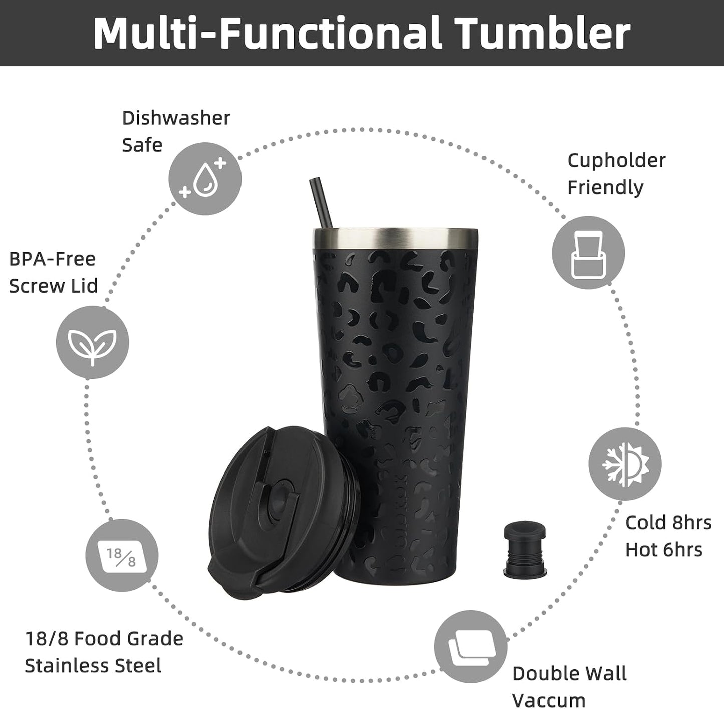 18 oz Coffee Tumbler with Straw, Insulated Stainless Steel Cup | Double Wall Vacuum, Leak Proof, Keeps Hot/Cold, BPA Free, Dishwasher Safe, Cupholder Friendly, Travel, Navy Blue
