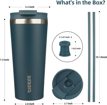 18 oz Coffee Tumbler with Straw, Insulated Stainless Steel Cup | Double Wall Vacuum, Leak Proof, Keeps Hot/Cold, BPA Free, Dishwasher Safe, Cupholder Friendly, Travel, Navy Blue