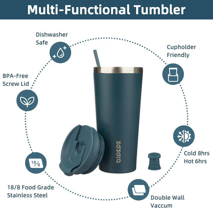 18 oz Coffee Tumbler with Straw, Insulated Stainless Steel Cup | Double Wall Vacuum, Leak Proof, Keeps Hot/Cold, BPA Free, Dishwasher Safe, Cupholder Friendly, Travel, Navy Blue