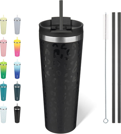 18 oz Coffee Tumbler with Straw, Insulated Stainless Steel Cup | Double Wall Vacuum, Leak Proof, Keeps Hot/Cold, BPA Free, Dishwasher Safe, Cupholder Friendly, Travel, Navy Blue