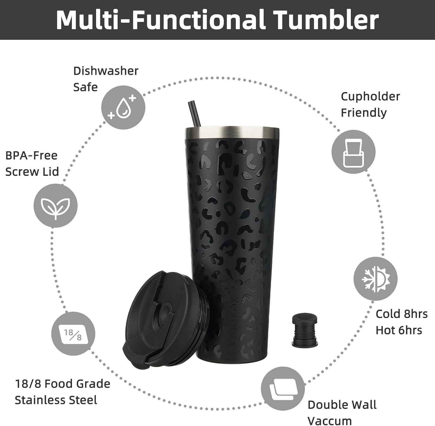18 oz Coffee Tumbler with Straw, Insulated Stainless Steel Cup | Double Wall Vacuum, Leak Proof, Keeps Hot/Cold, BPA Free, Dishwasher Safe, Cupholder Friendly, Travel, Navy Blue