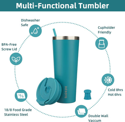 18 oz Coffee Tumbler with Straw, Insulated Stainless Steel Cup | Double Wall Vacuum, Leak Proof, Keeps Hot/Cold, BPA Free, Dishwasher Safe, Cupholder Friendly, Travel, Navy Blue
