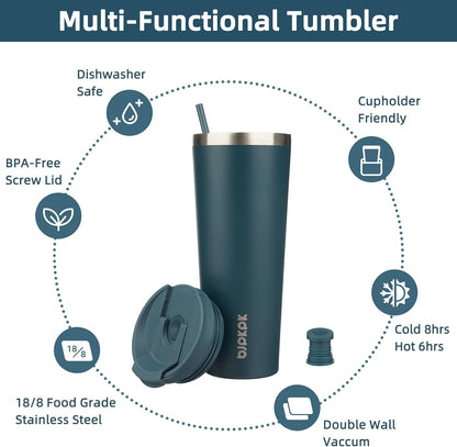 18 oz Coffee Tumbler with Straw, Insulated Stainless Steel Cup | Double Wall Vacuum, Leak Proof, Keeps Hot/Cold, BPA Free, Dishwasher Safe, Cupholder Friendly, Travel, Navy Blue