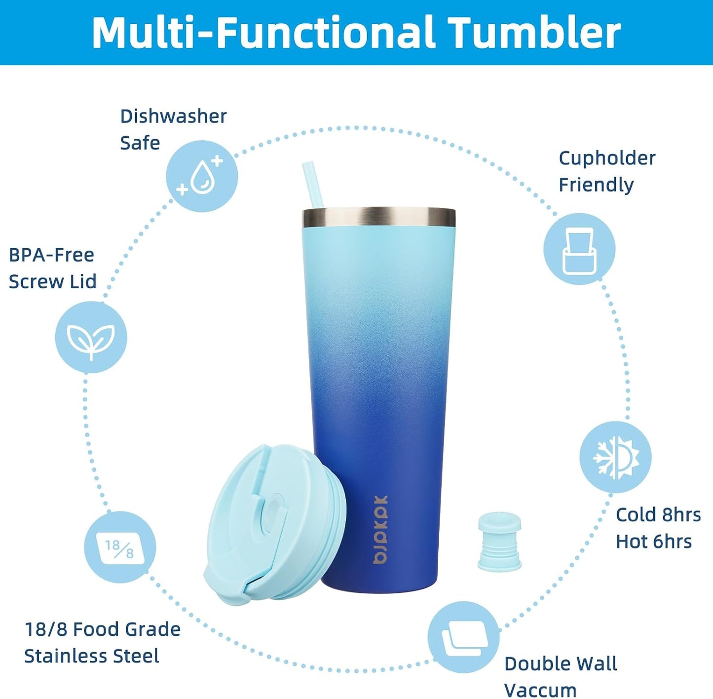 18 oz Coffee Tumbler with Straw, Insulated Stainless Steel Cup | Double Wall Vacuum, Leak Proof, Keeps Hot/Cold, BPA Free, Dishwasher Safe, Cupholder Friendly, Travel, Navy Blue
