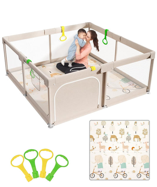 Baby Playpen with Mat, 59x59in Playpen for Babies and Toddlers, Grey
