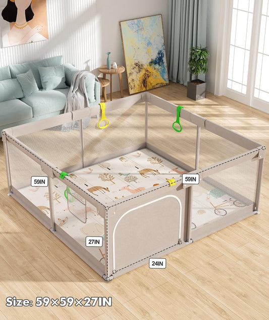 Baby Playpen with Mat, 59x59in Playpen for Babies and Toddlers, Grey