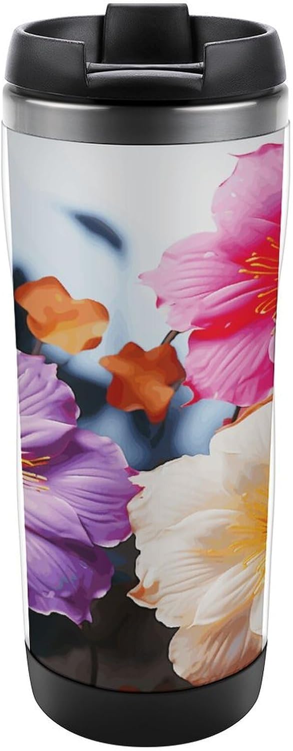 13oz Insulated Travel Coffee Mug Reusable Coffee Cup Water Bottle | 3 Colorful Flowers Travel Mug with Leak Proof Lid Double Wall Stainless Steel Coffee Tumbler Personalized Gift