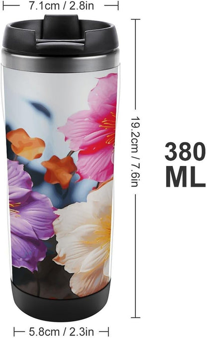 13oz Insulated Travel Coffee Mug Reusable Coffee Cup Water Bottle | 3 Colorful Flowers Travel Mug with Leak Proof Lid Double Wall Stainless Steel Coffee Tumbler Personalized Gift