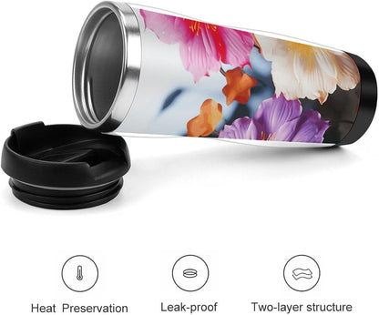 13oz Insulated Travel Coffee Mug Reusable Coffee Cup Water Bottle | 3 Colorful Flowers Travel Mug with Leak Proof Lid Double Wall Stainless Steel Coffee Tumbler Personalized Gift