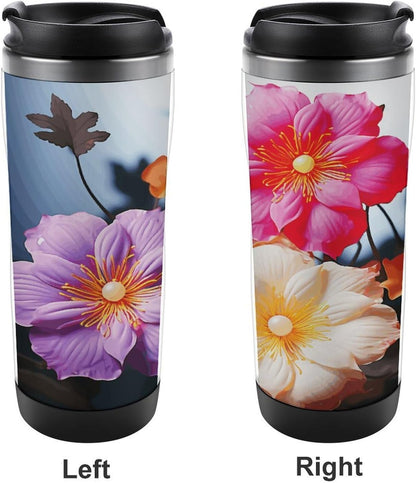 13oz Insulated Travel Coffee Mug Reusable Coffee Cup Water Bottle | 3 Colorful Flowers Travel Mug with Leak Proof Lid Double Wall Stainless Steel Coffee Tumbler Personalized Gift