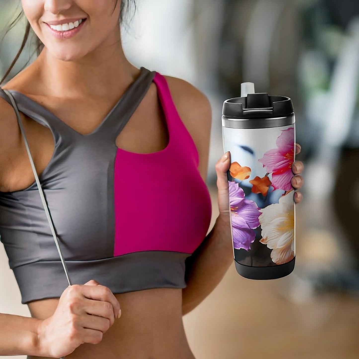 13oz Insulated Travel Coffee Mug Reusable Coffee Cup Water Bottle | 3 Colorful Flowers Travel Mug with Leak Proof Lid Double Wall Stainless Steel Coffee Tumbler Personalized Gift
