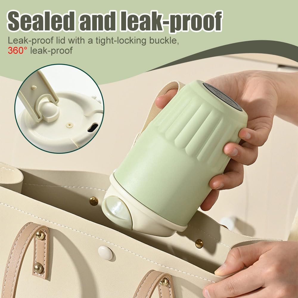 Coffee Mug, 410ML Stainless Steel Protable Leakproof Insulated Tumbler Vacuum with Carry Lope & 2-in-1 Lidfor Car, Office, Travel