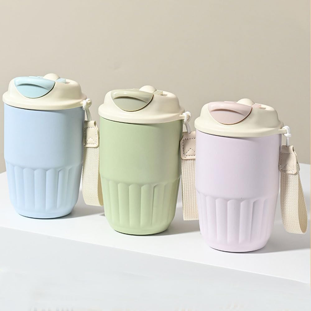 Coffee Mug, 410ML Stainless Steel Protable Leakproof Insulated Tumbler Vacuum with Carry Lope & 2-in-1 Lidfor Car, Office, Travel