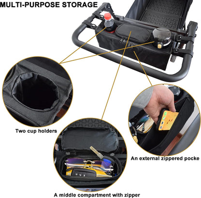 Non-Slip Organizer for Wagon, Parent Console Caddy with Cup Holders Universal for Folding Kids Pet Stroller Adjustable Straps Zippered Pockets Storage Phone Bag Attachment Accessories Black