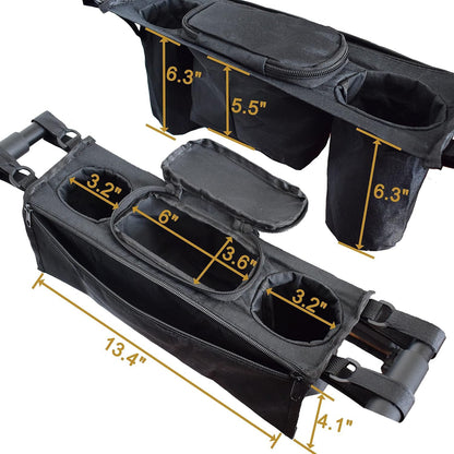 Non-Slip Organizer for Wagon, Parent Console Caddy with Cup Holders Universal for Folding Kids Pet Stroller Adjustable Straps Zippered Pockets Storage Phone Bag Attachment Accessories Black