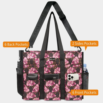 Utility Water Resistant Tote Bag with 22 Pockets, Zipper Closure