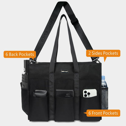 Utility Water Resistant Tote Bag with 22 Pockets, Zipper Closure