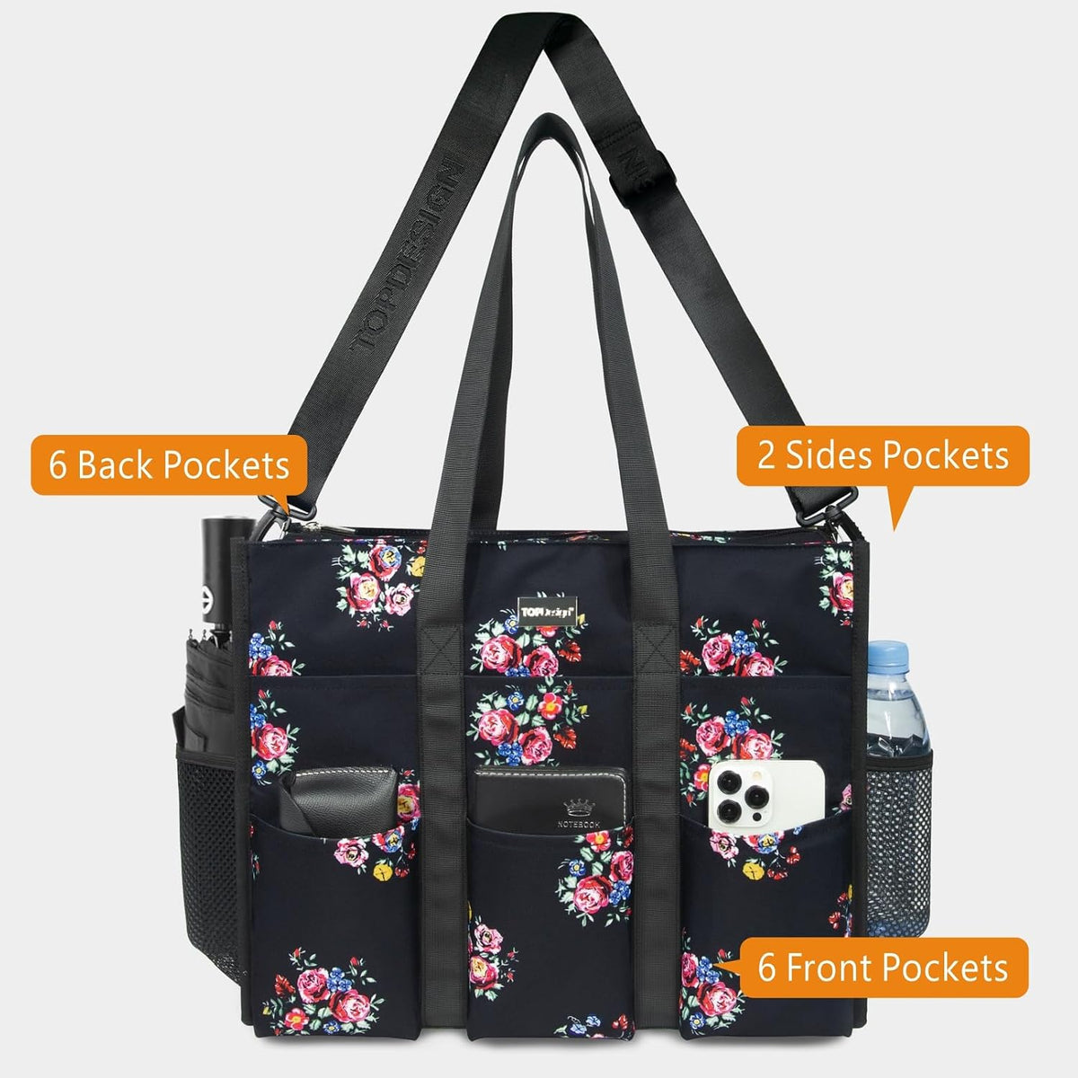 Utility Water Resistant Tote Bag with 22 Pockets, Zipper Closure