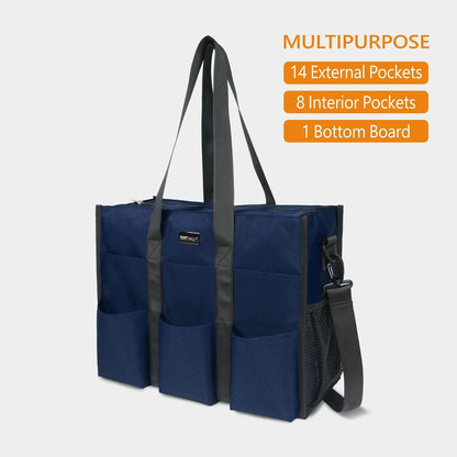 Utility Water Resistant Tote Bag with 22 Pockets, Zipper Closure