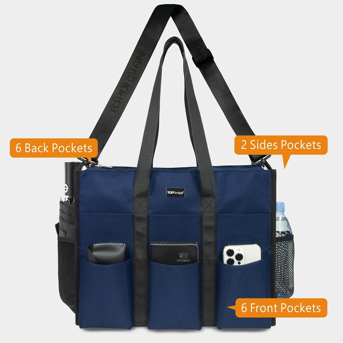 Utility Water Resistant Tote Bag with 22 Pockets, Zipper Closure