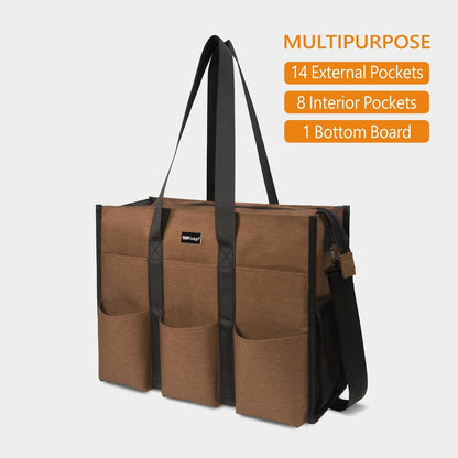 Utility Water Resistant Tote Bag with 22 Pockets, Zipper Closure