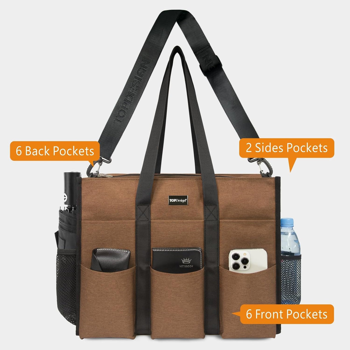 Utility Water Resistant Tote Bag with 22 Pockets, Zipper Closure