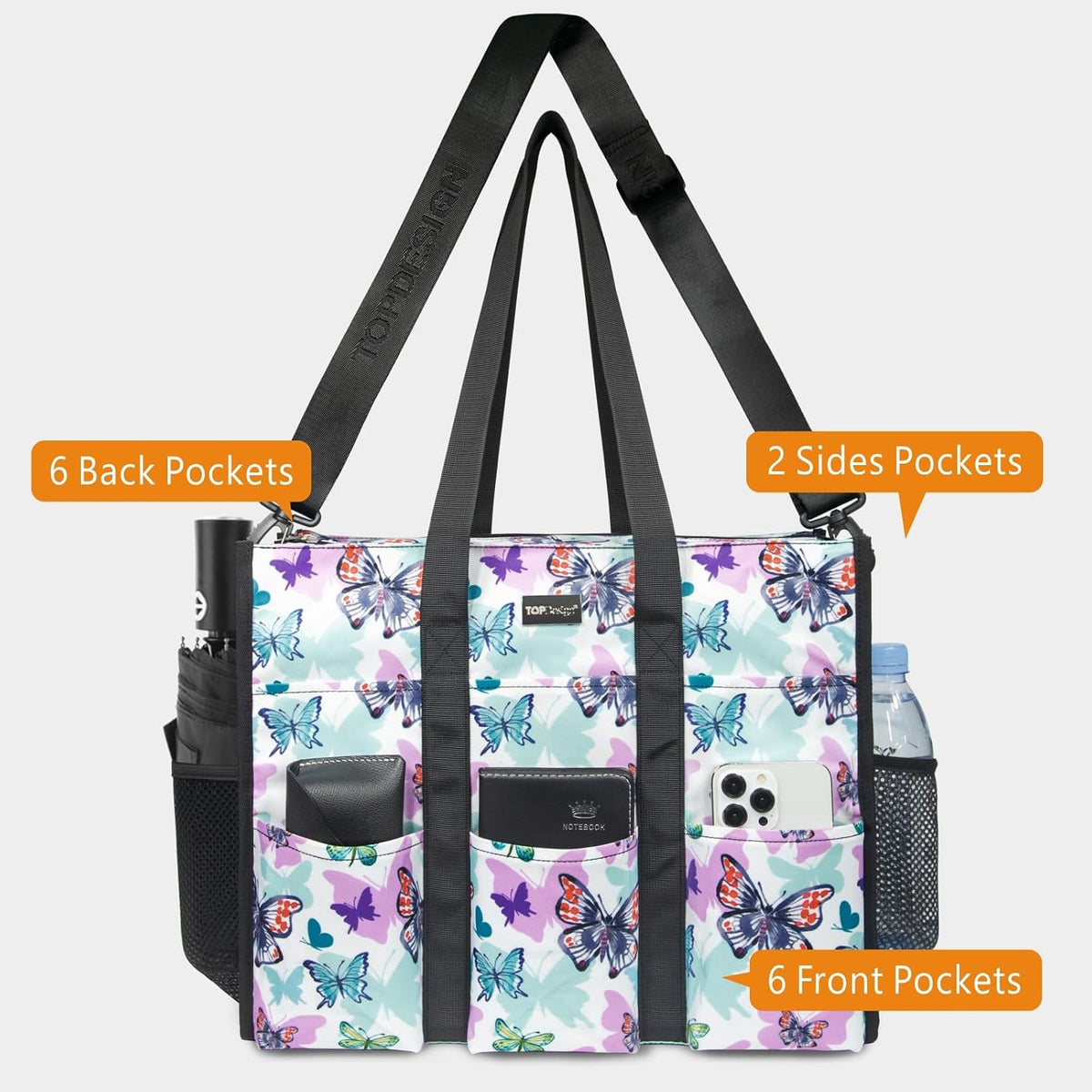 Utility Water Resistant Tote Bag with 22 Pockets, Zipper Closure