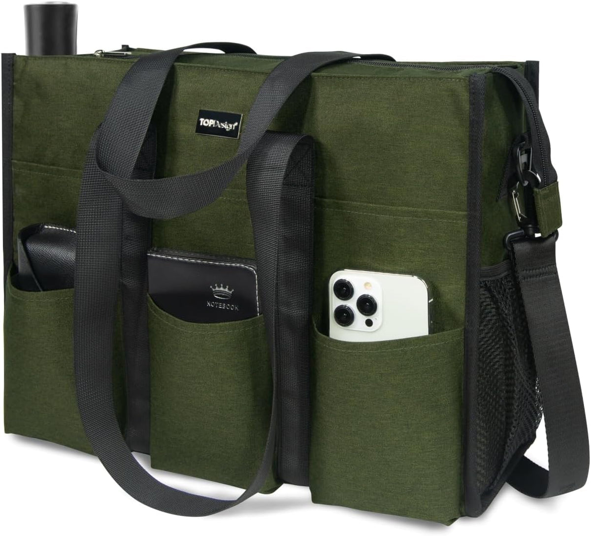 Utility Water Resistant Tote Bag with 22 Pockets, Zipper Closure