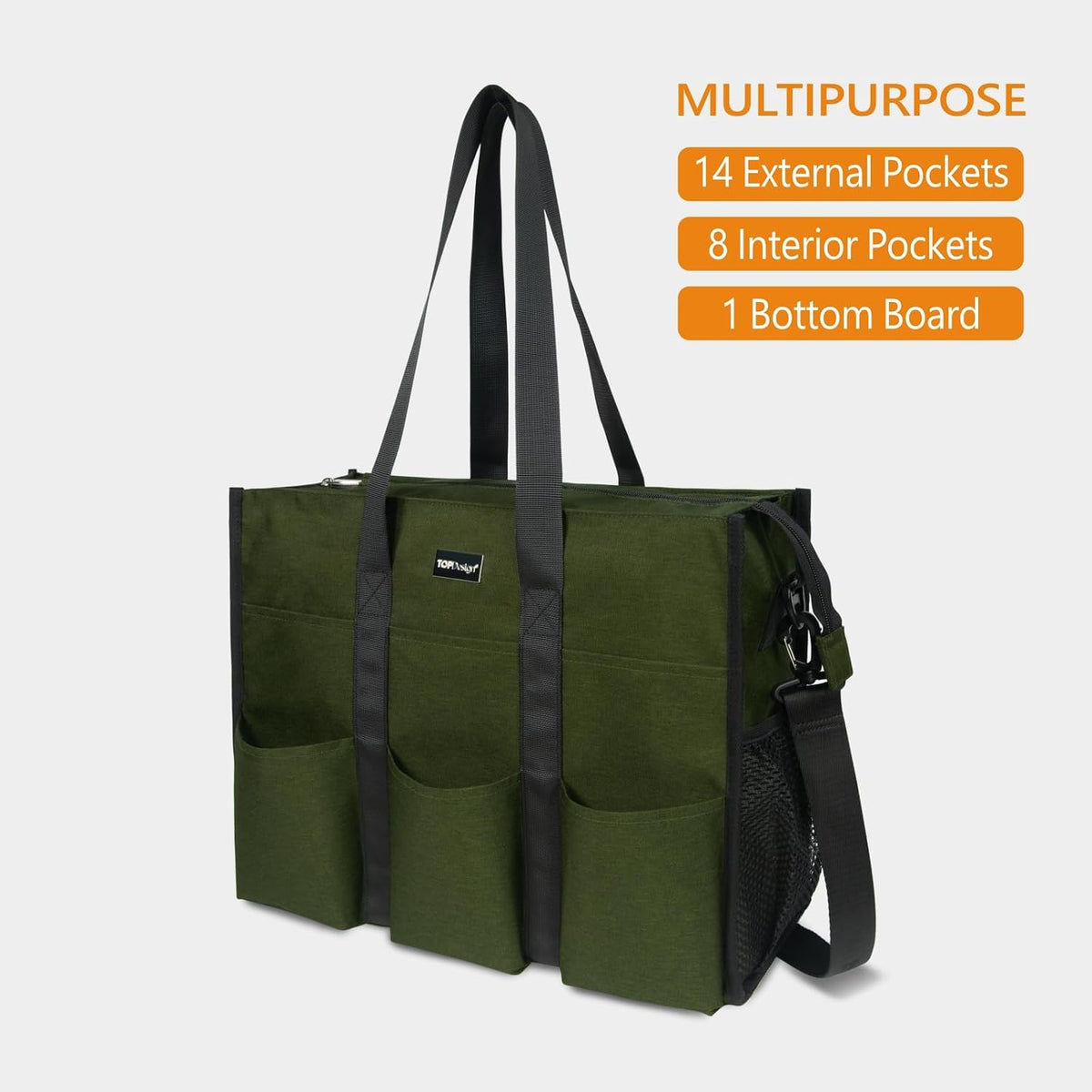 Utility Water Resistant Tote Bag with 22 Pockets, Zipper Closure