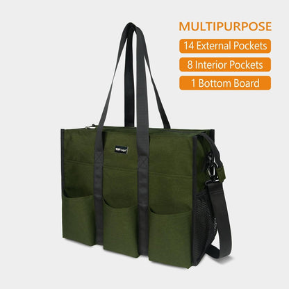 Utility Water Resistant Tote Bag with 22 Pockets, Zipper Closure
