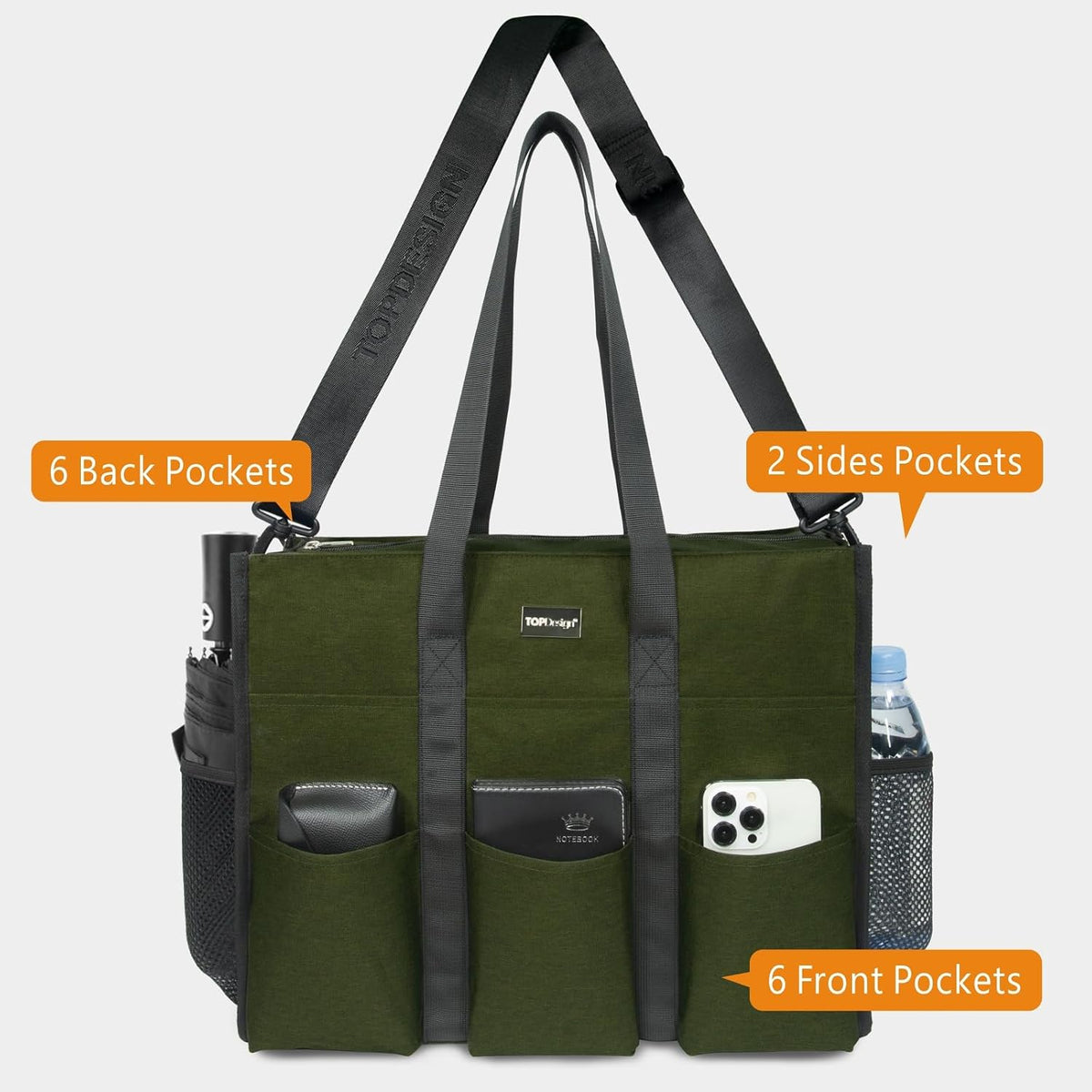 Utility Water Resistant Tote Bag with 22 Pockets, Zipper Closure
