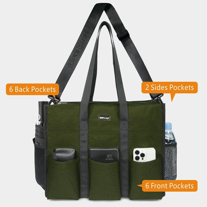 Utility Water Resistant Tote Bag with 22 Pockets, Zipper Closure